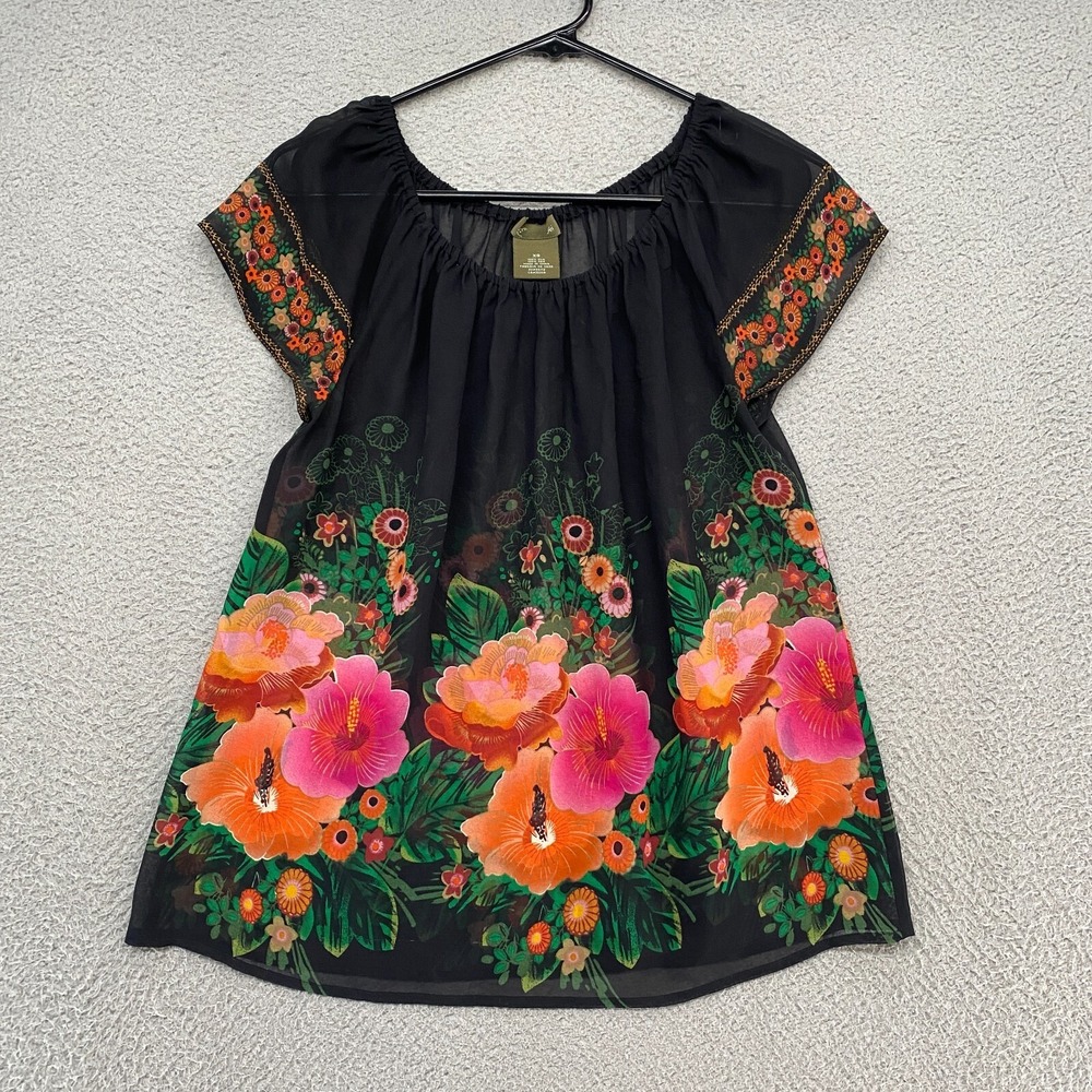 Fei Anthropologie Top‎ Womens XS Floral Sheer Y2K Black 90s Tropical Hawaiian